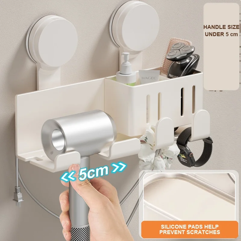 Wall Mounted Hair Dryer Holder with Suction Cups, No Drill Bathroom Organizer with Storage Basket and Hooks