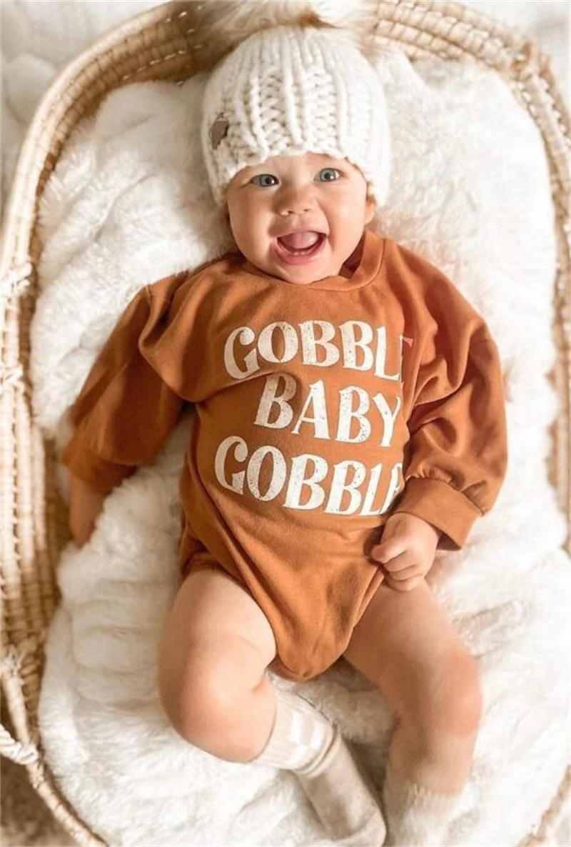 VISgogo 0-18Months Newborn Baby Thanksgiving Sweatshirt Romper Letter Embroidery Round Neck Long Sleeve Bubble Jumpsuit