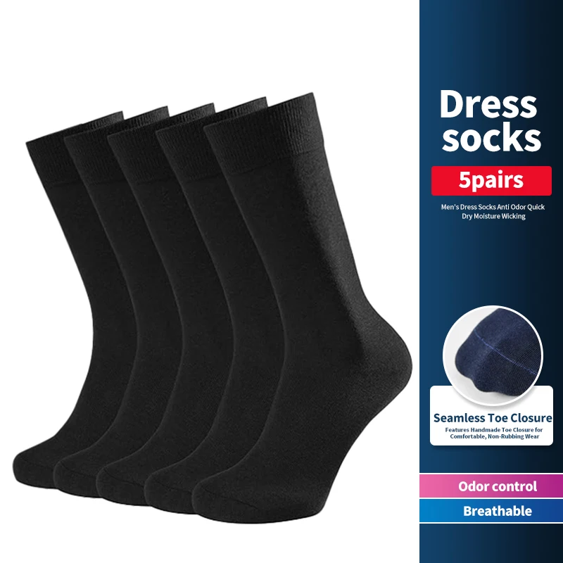 Men's Dress Socks 5 Pairs, Seamless Toe Closure, Anti Odor Quick Dry Moisture Wicking, Breathable Formal Socks for Business & Da