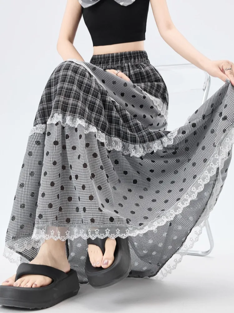 

Повседневная женская летняя длинная юбка А-силуэта с кружевной отделкой, в горошек и клетку, на резинке, в корейском стиле, мягкая и удобная