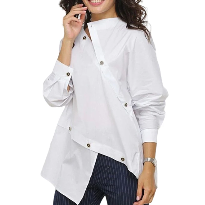 

Women Korean Fashion Buttoned Asymmetric Split-Front Blouses 2024 new Spring Summer Long Sleeves Causal White Shirts Tops