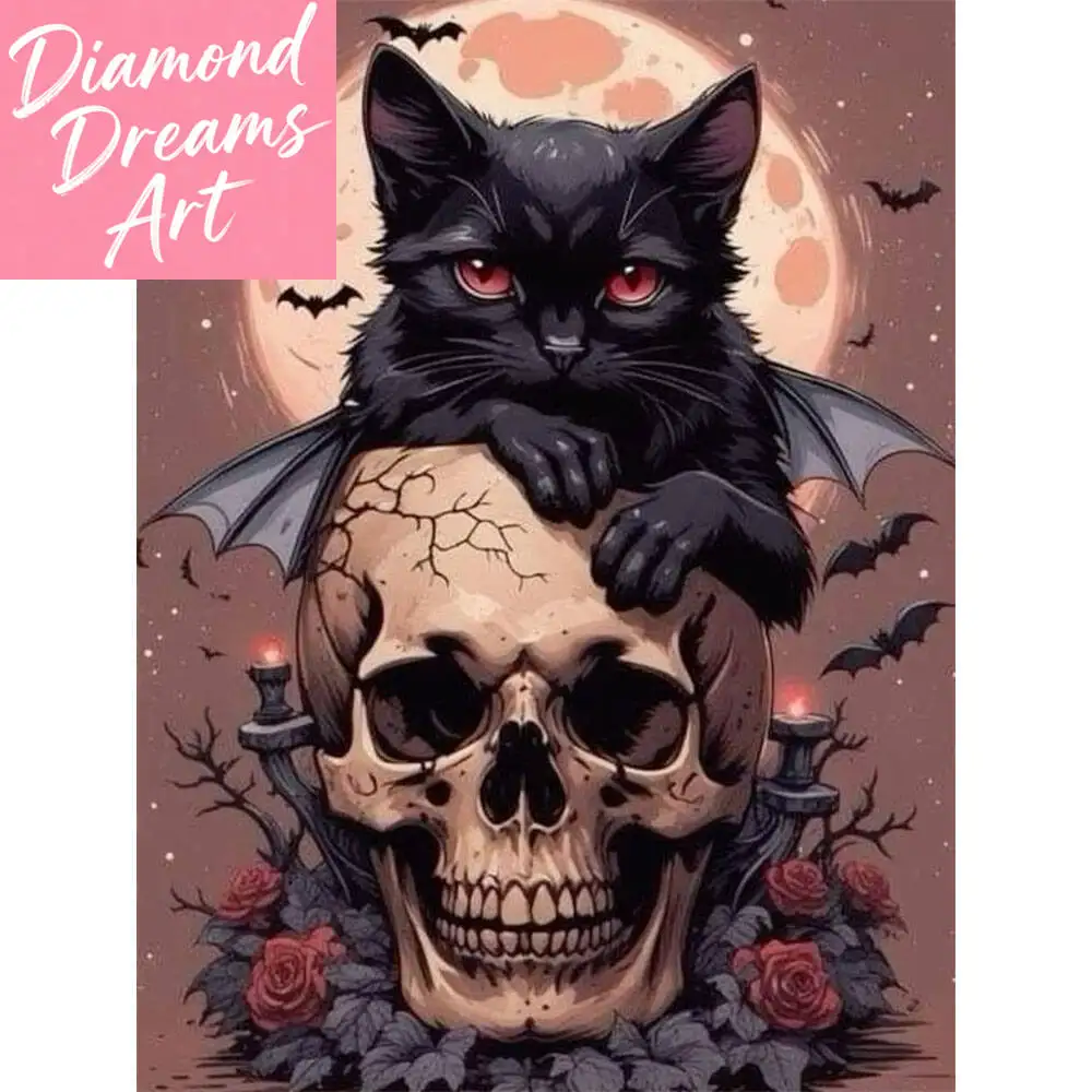Frameless, Black Cat Skull Halloween Diamond Painting Full S