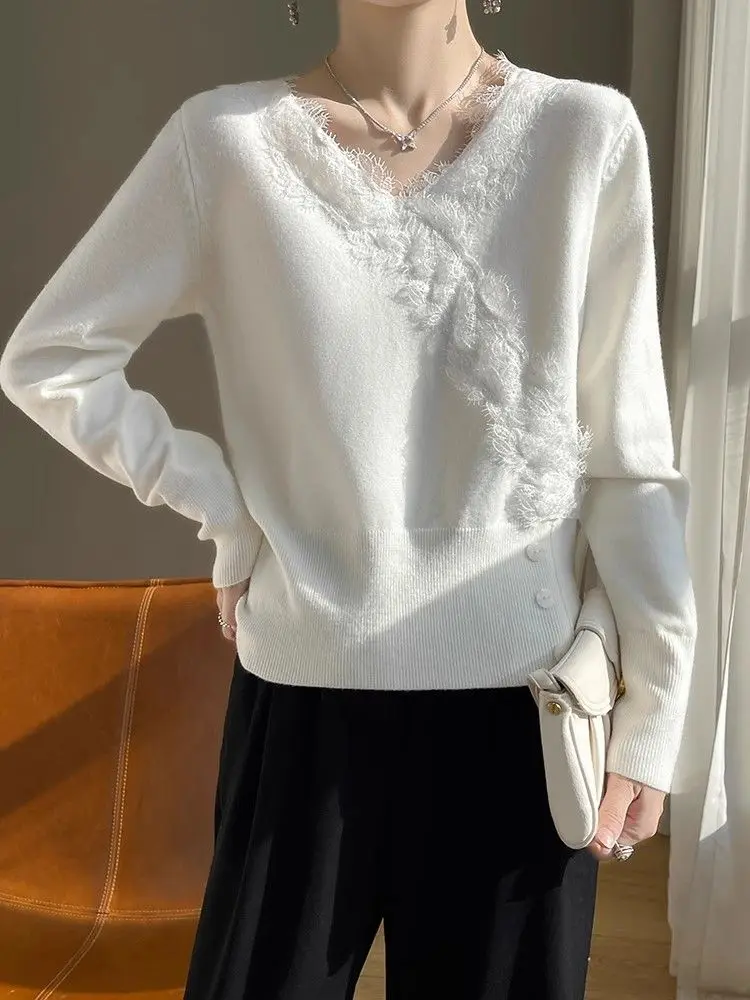 

Soft Glutinous Knitted Sweater For Women In Spring And Autumn V-neck Loose Lace Design Fashionable Top