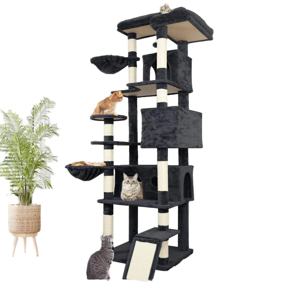 Wholesale Cheap Multilevel Dark Gray Modern Wood Cat Tree Tower Platform Large Wide Base Condo Climbing Cat Scratch Trees