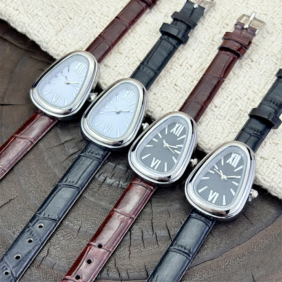 Elegant Triangle Snake-Head Women's Watch with Bamboo-Textured Adjustable Leather Strap