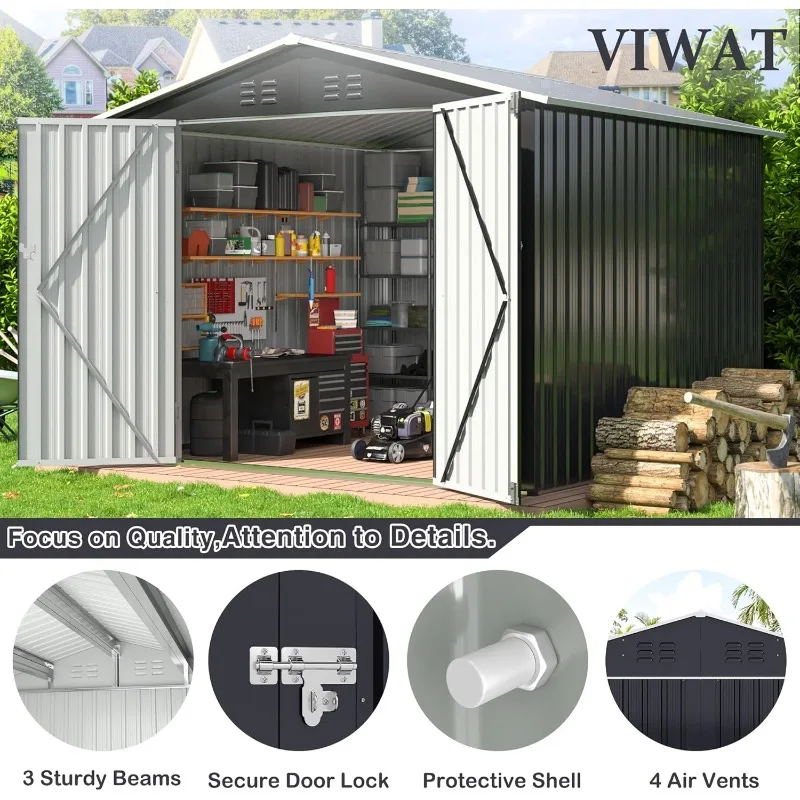 Outdoor Storage Shed 8x8 FT, Metal Garden Shed with Updated Lockable Doors and Frame Structure, Large Tool Sheds