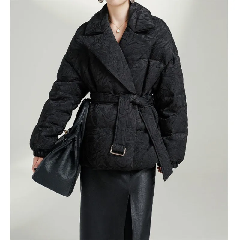 Collar flower dark pattern high-end goose down jacket waist cinched white goose down jacket women black