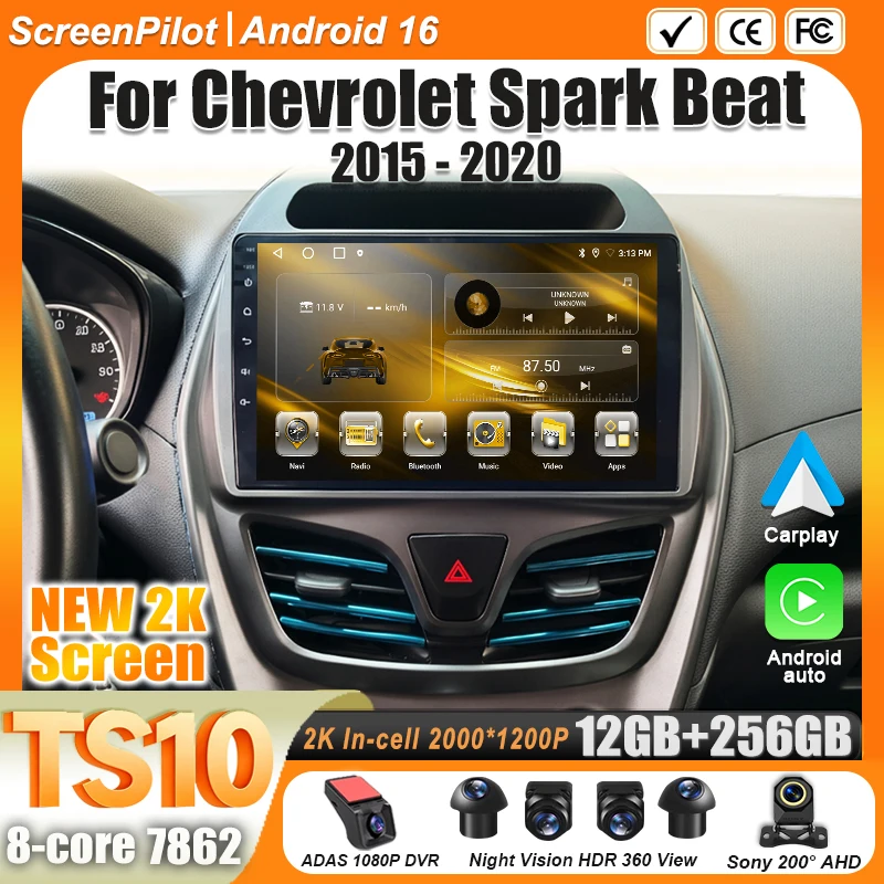 Radio para Auto Android 16, Reproductor Multimedia de Video 2 DIN, Carplay, Bluetooth, DSP, para Chevrolet Spark Beat 2015 2016 2017- 2018 2019 2020