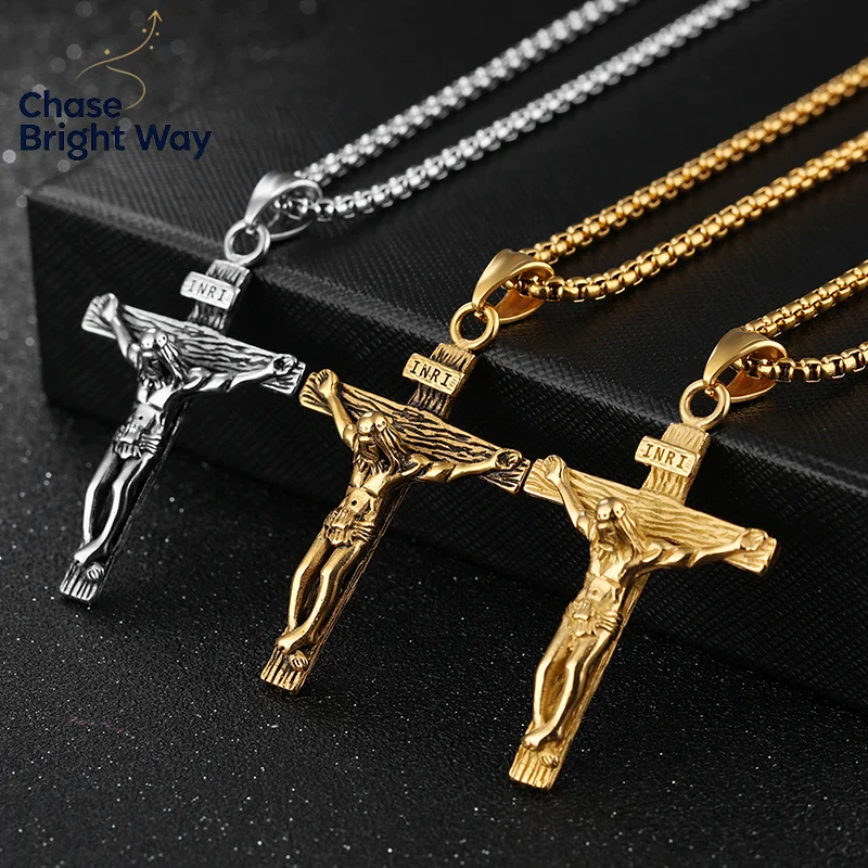 Creative   Cross Pendant Necklace, Trendy Personalized Stainless Steel Religious Jewelry, Prayer Gift