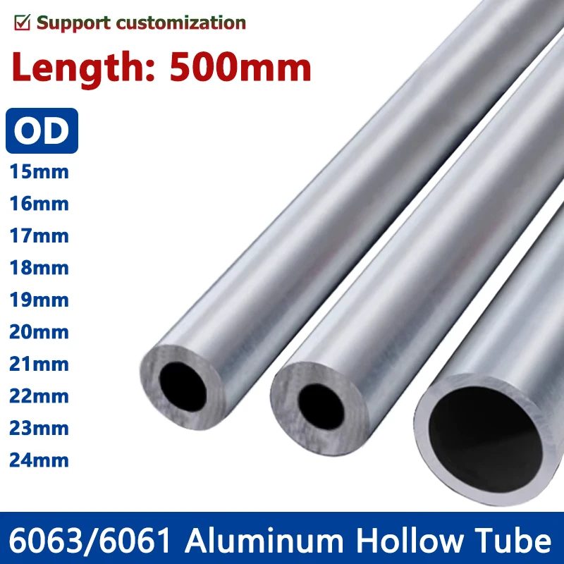 

OD 15-24mm Aluminium Pipe Hollow Straight Capillary Tube Length 500mm Wall Thickness 0.4-8.5mm 6063/6061 Aluminum Alloy Tubing