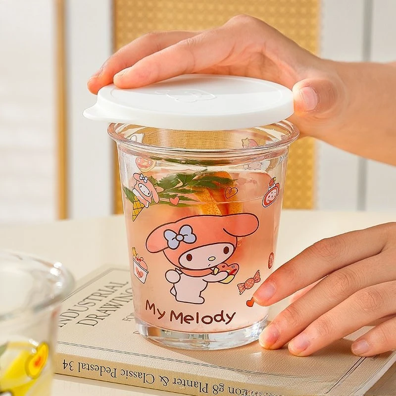 

Kawaii Sanrio Lovely Glass Water Cup with Lid Girlish Heart Coffee Milk Mug Hello Kitty Children Birthday Presents for Girls