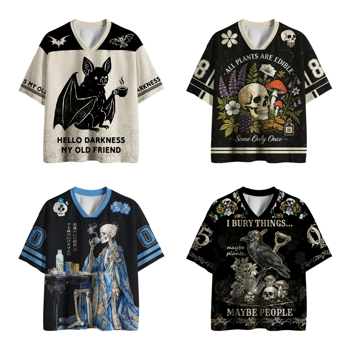 Gothic Dark Art Mesh Football Jersey,V Neck Short Sleeve Unisex Streetwear,Vintage Bat Skull Skeleton Crow Graphic Halloween Top