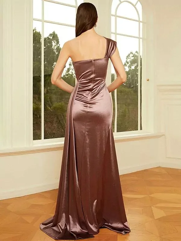 Customized Classic Charmeuse Pleat A-line One-shoulder Long Dresses Bespoke Occasion Dresses Modern Style Simple Elegant Formal