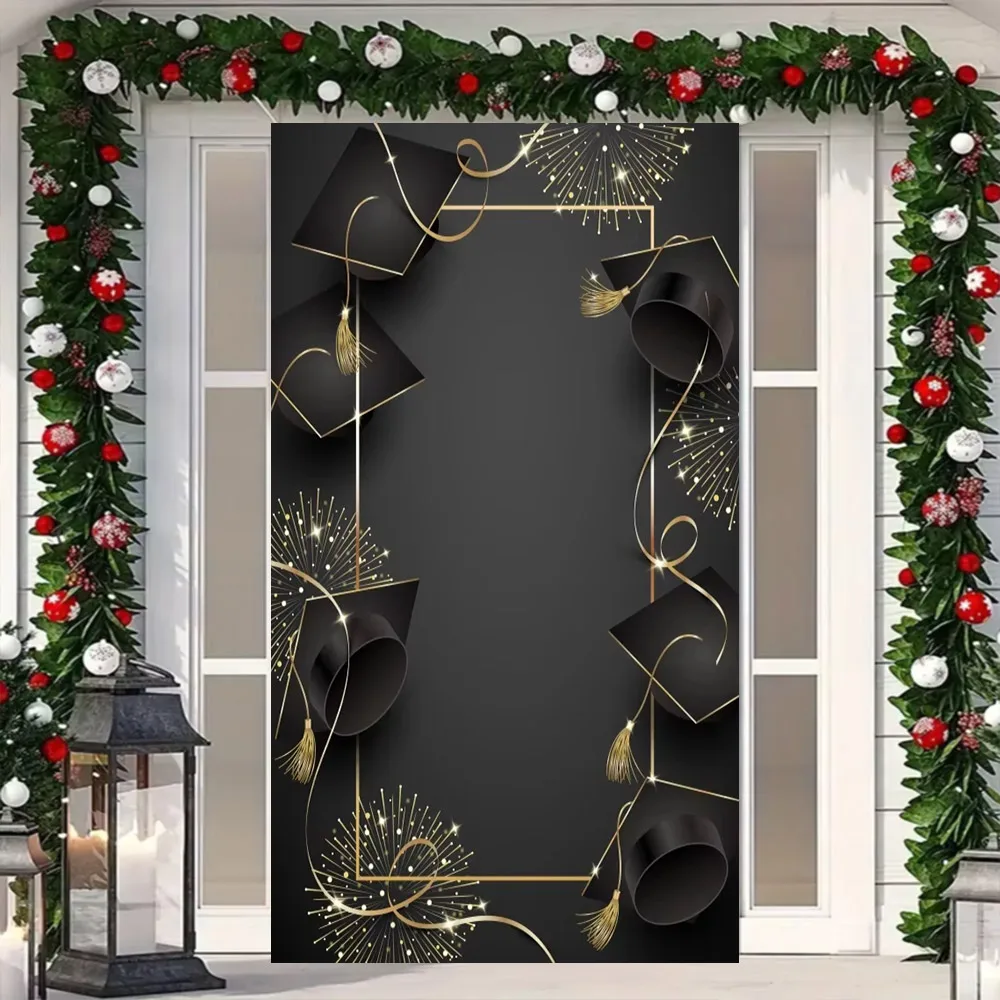 الخريجين التصوير خلفية تهنئة حفلة موسيقية الذهب الأسود بريق قبعة التخرج يمكن نص مخصص ملصق راية ديكور