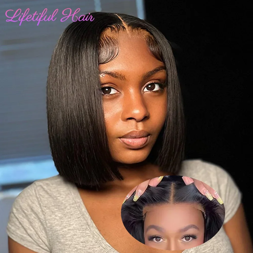 Glueless Bob Hair Wig Human Hair Ready To Wear Straight Transprent Pre Cut 4x4 Lace Closure Glueless Wigs For Women Human Hair