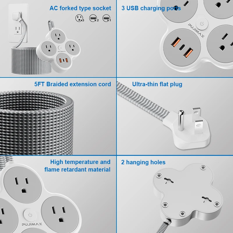 PUJIMAX Ultra-Thin Flat Plug Power Strip With 3 Outlets & 3 USB (1 Type C), Power Strip Cord Ports For Cruise Ship,Office,Travel