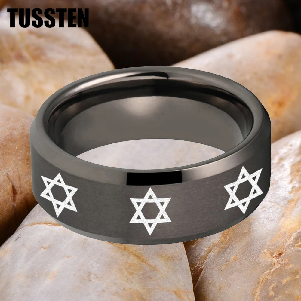 TUSSTEN 6/8MM Tungsten Ring Couple Ring Laser Carving Judaism Star of David Logo Matte Surface Bevel Edge Comfortable Fit