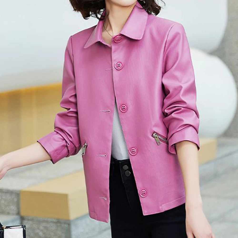 

Кожаная куртка женская весенне-осенняя модная повседневная новая свободная однотонная универсальная кожаная куртка с карманами и простыми пуговицами