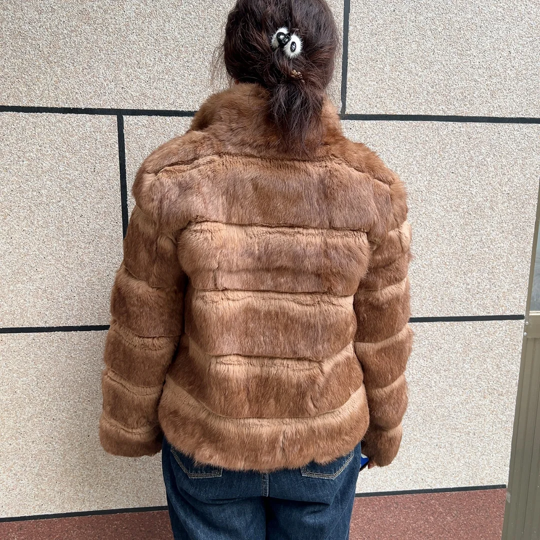 HUAQIUMEISI New women's short style real rabbit fur coat winter fashion natural rabbit fur horizonta stripe spray pointed jacket