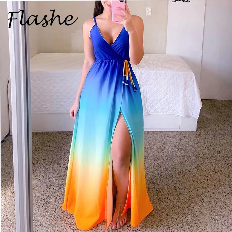 

Casual Women Party Dress 2022 New Tie-Dye Print Split Up Sleeveless Summer Maxi Long Dress Women Elegant Loose Vestidos 2022