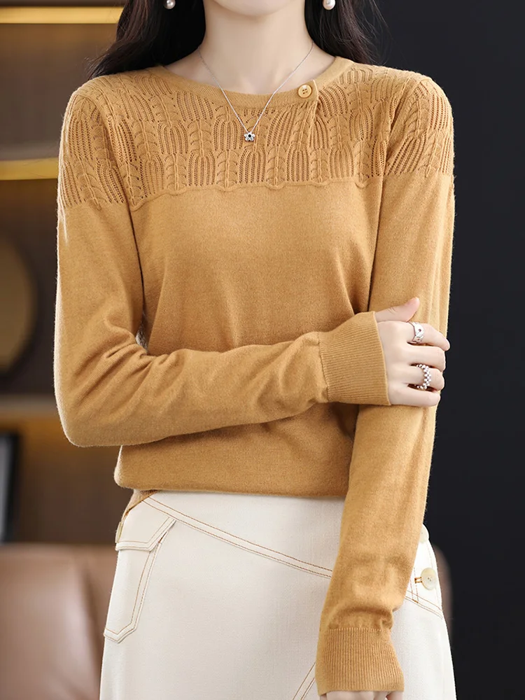 Luxury Spring Summer Women Knitted Pullover 30% Merino Worsted Wool Thin Sweater Outerwears Long Sleeve Hollow Out Clothing Tops