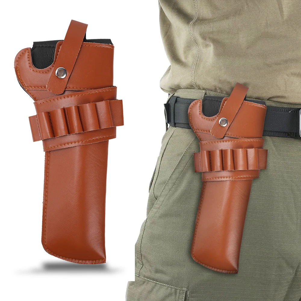 Revolver Holster Western Cowboy Pistol Holster Adjustable Right Hand Leather Pistol Holster with Bullet Pouch for Outdoor Hunt