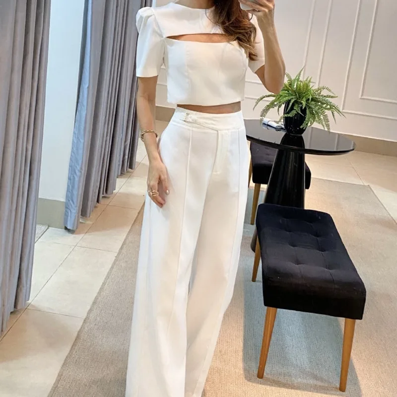 

2024 Spring Summer New Women's Clothing Solid Color round Neck Short Sleeves Hollow Top Wide-Leg Straight Pants Suit