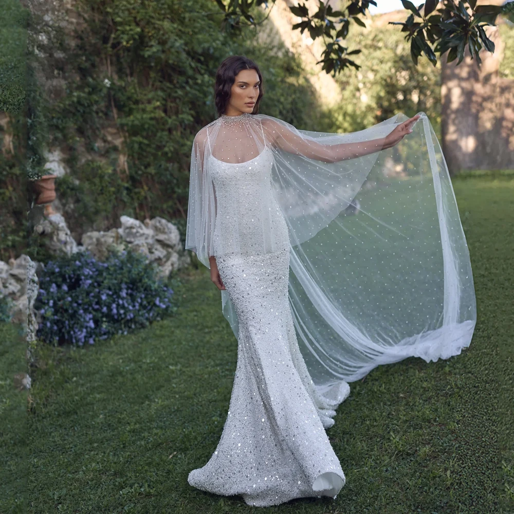 

Spaghetti Straps Wedding Dresses Mermaid Sequined Scoop Neck Tulle Bride Gowns For Women Luxury vestidos de novia Customized