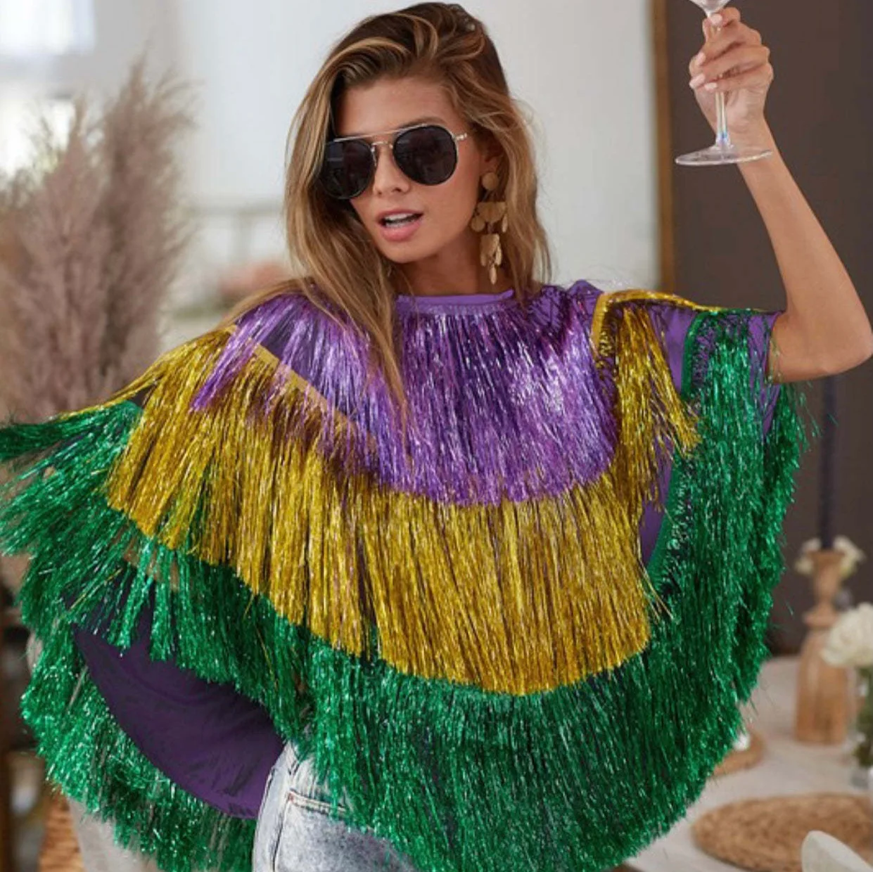 European and American Fashion Carnival Party Wire Poncho Top, Women Spell Color Tassel Bat Sleeve Cape Patchwork Pullover Top