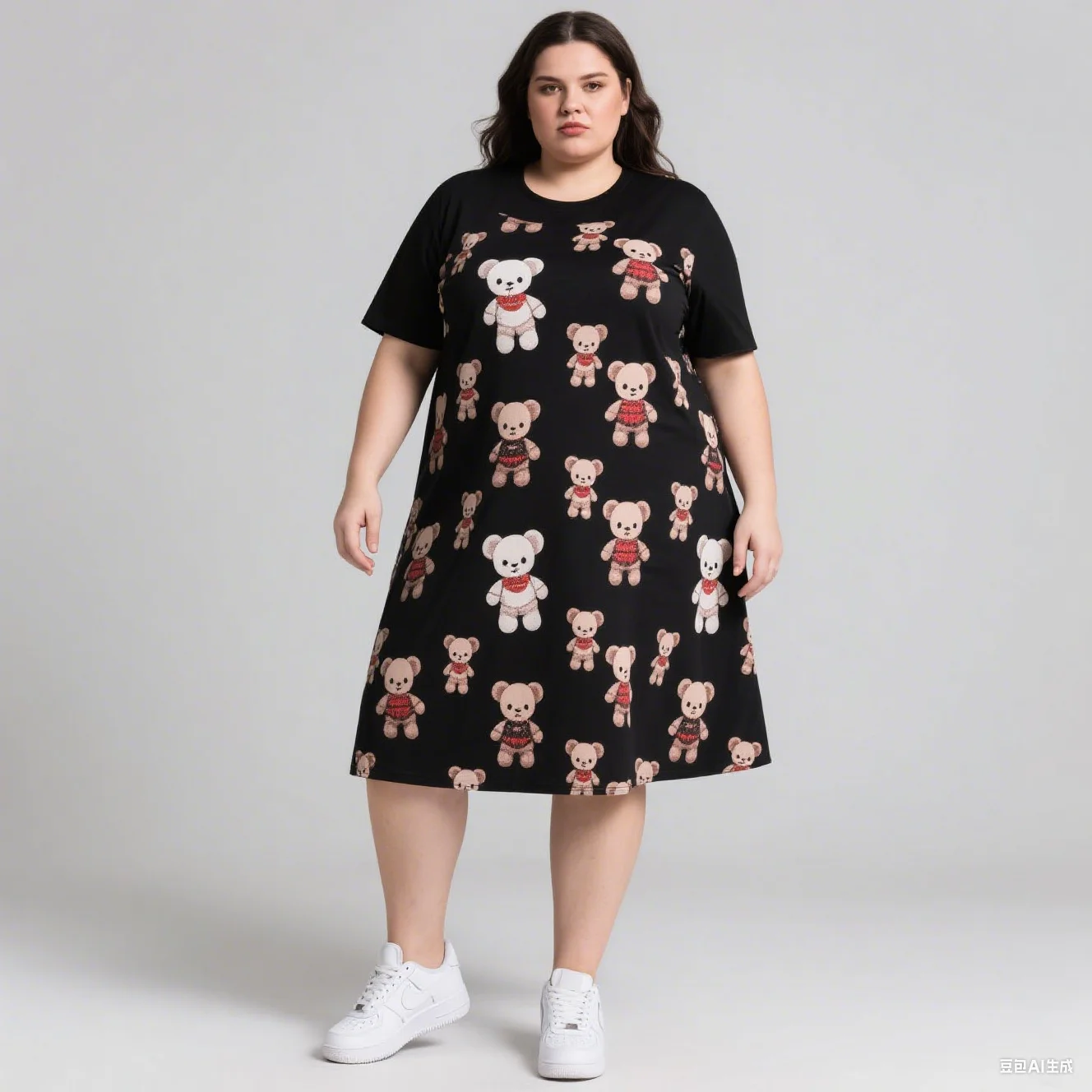 2025 Vestido de manga corta de talla grande para mujer con licencia de Disney, moda informal, muñeca de estilo, estampado de oso de peluche