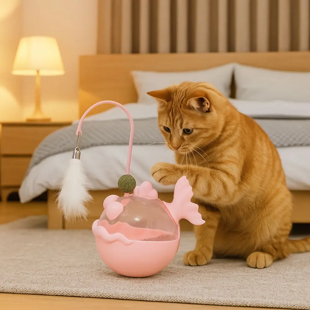 

Fish Shape Cat Leakage Food Toy Tumbler Plastic Cat Treat Dispenser with Feathers with Bells Cat Teaser Wand Interest