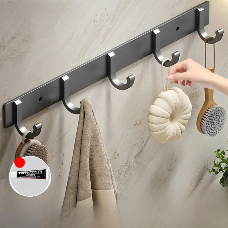 Strong Adhesive Door Back Clothes Hanger Bathroom Wall Mounted Row Hooks Space Aluminum Material Large Load Bearing Capacity