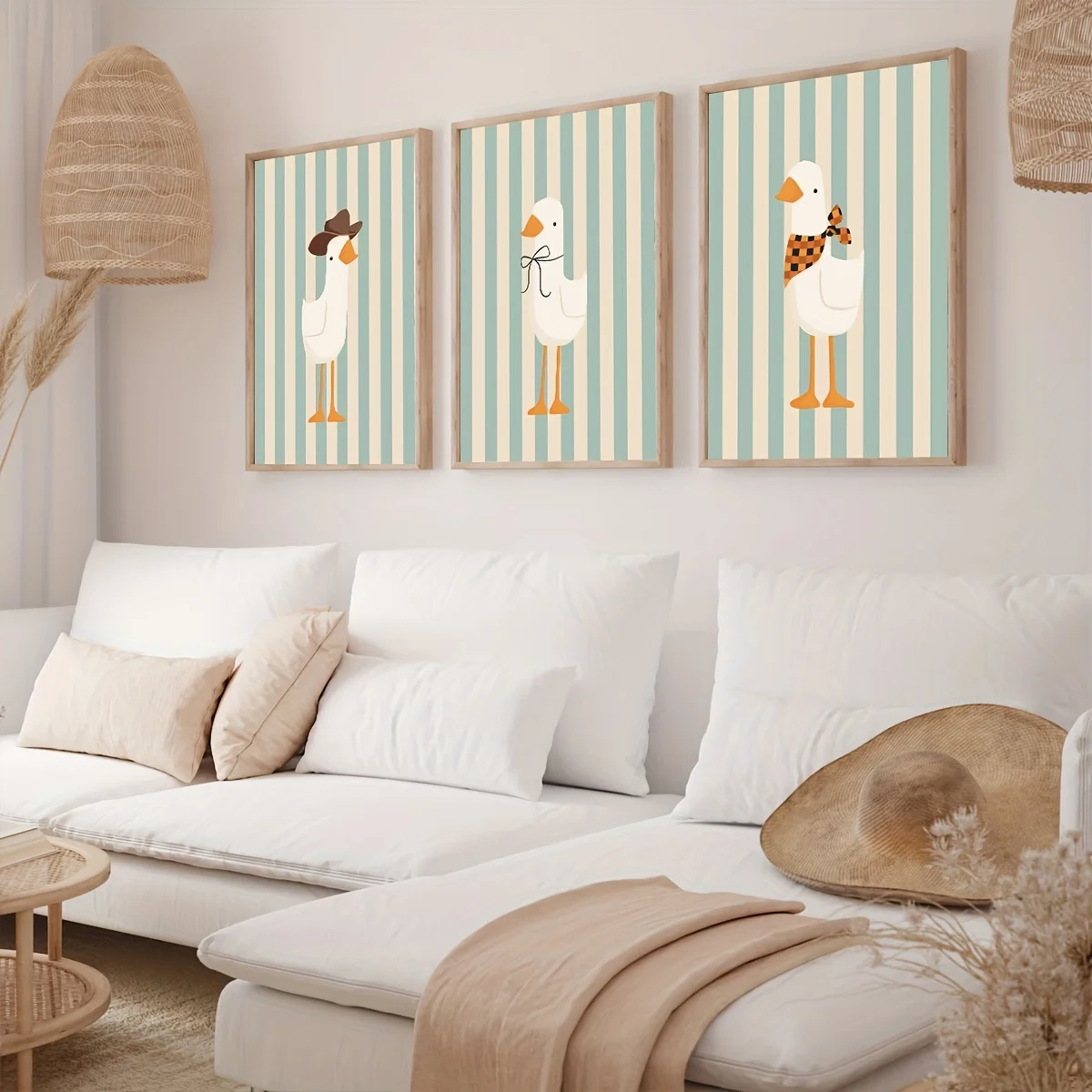3pcs/set of Whimsical Goose Animal Canvas Prints Blue Striped Denim Turban Goose Wall Art Posters for Modern Nursery Home Decor