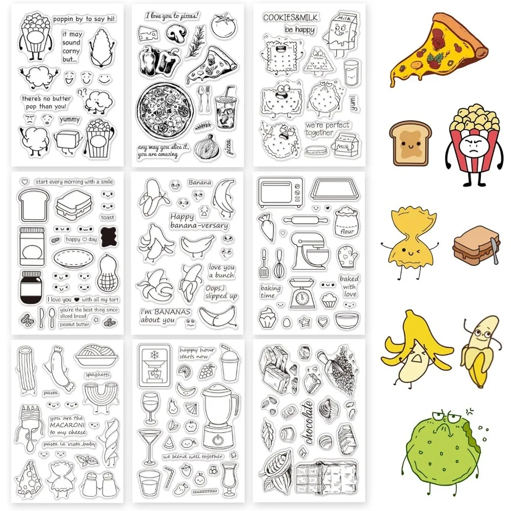 

9 Sheets Food Theme Silicone Clear Stamps Seal for Card Making Decor and DIY Scrapbooking(Popcorn Pizza Cookies Bread Peanut