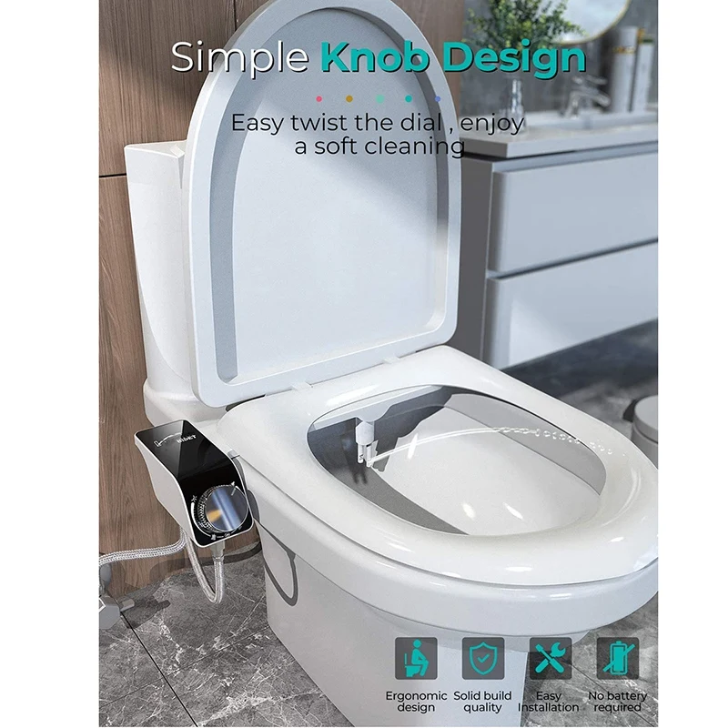 Bidet Toilet Seat Attachment Ultra-Thin Non-Electric Self-Cleaning Dual Nozzles Wash Cold Water