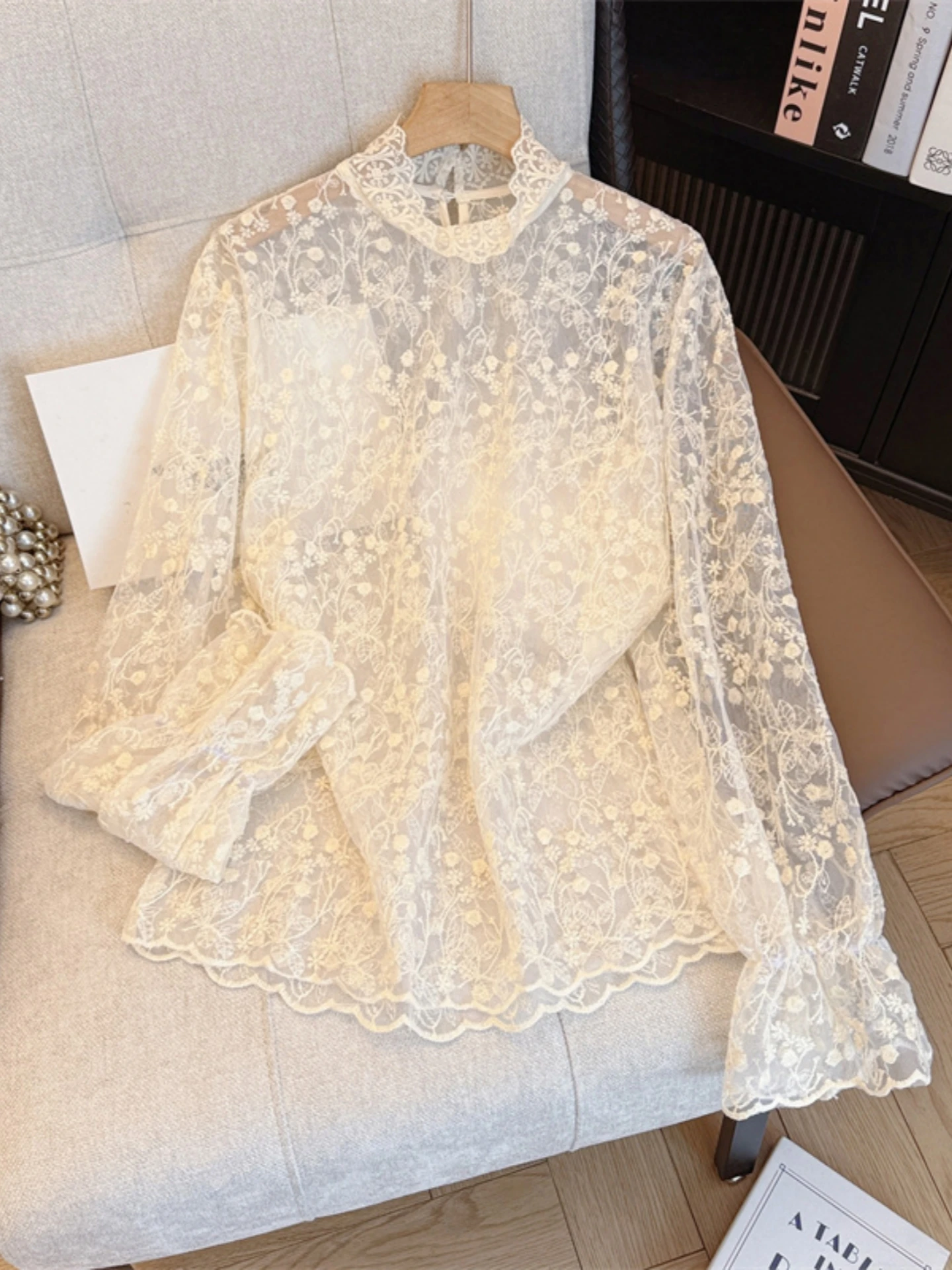 Lace Hollow out Long Sleeve Base Shirt Women's Spring Autumn New plus Size Fat MM Slimming Semi-Transparent Outer Cover Shirt