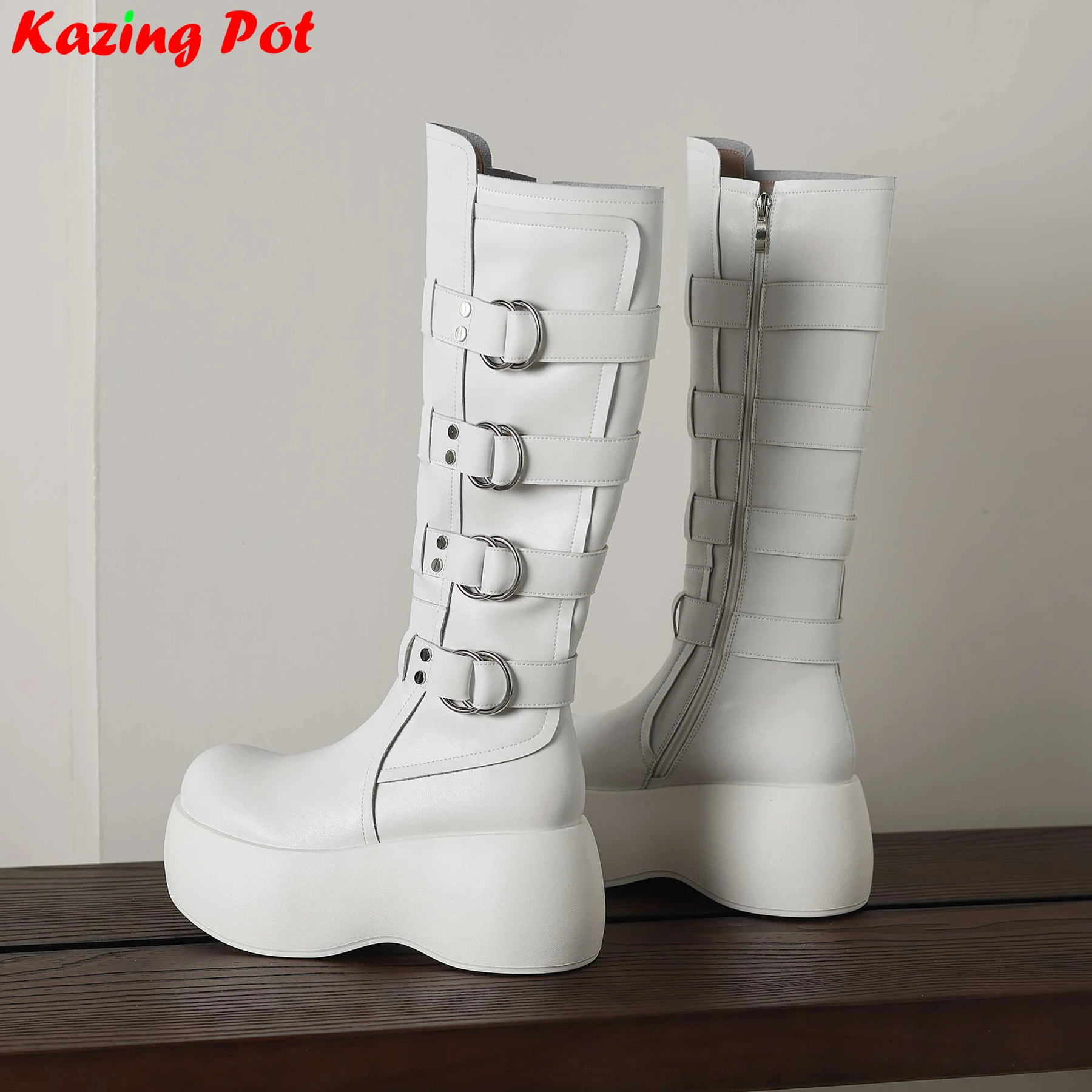 

Krazing Pot Cow Split Skin Round Toe Thick Bottom Riding Boots Zip Metal Buckle Causal Punk Platform Luxury Ins Thigh High Boots