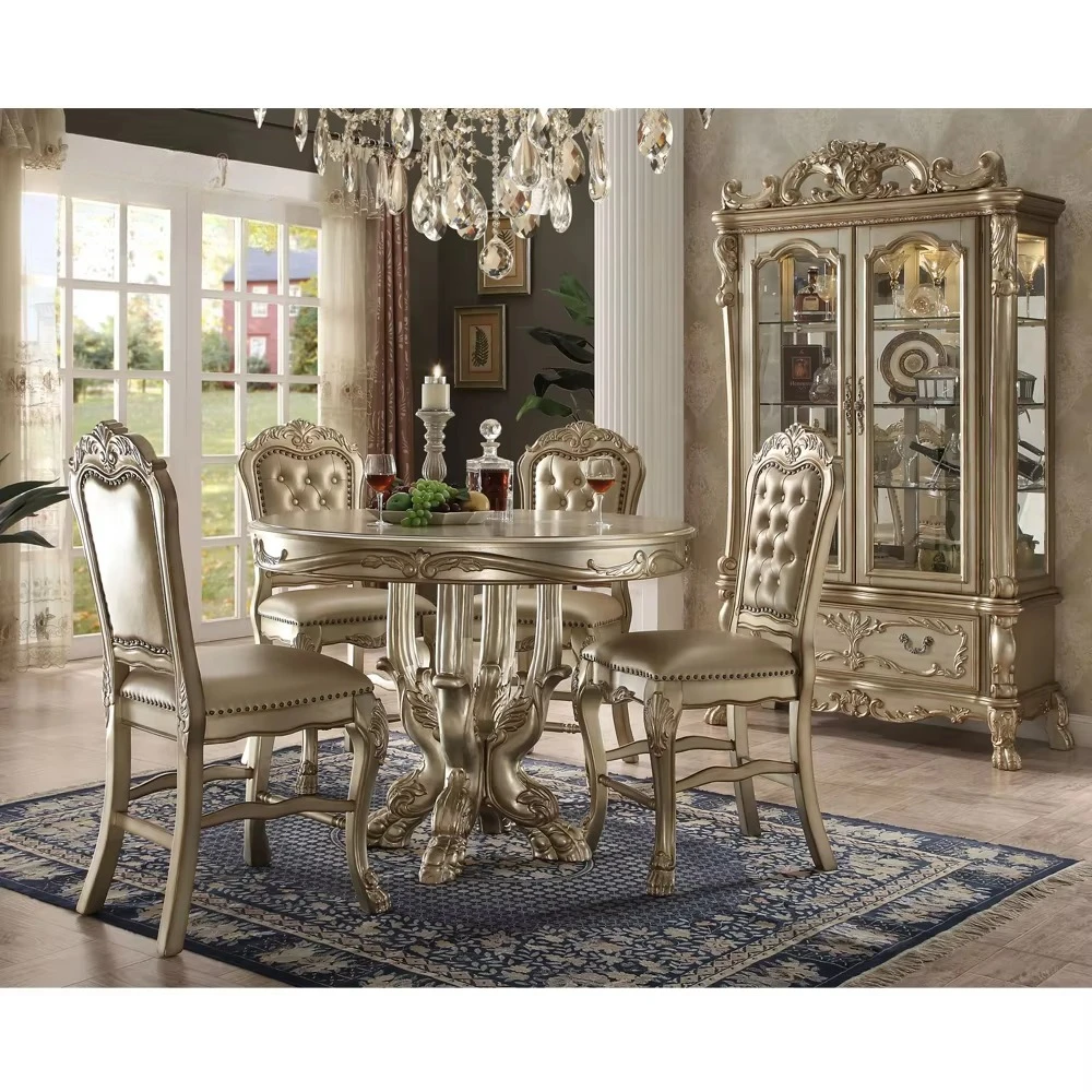 Regal European Classical and Gilt Solid Wood Dining Table with Hand - Carved Ornaments and Solid Wood Top