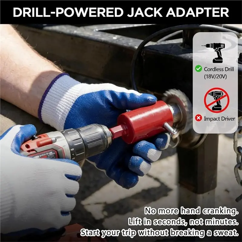 A84E-Turbo-Style Trailer Jack Adapter Tool Drill Functionality, Fits For Cordless Drill, 1 Inch Jack Handle Studs Included