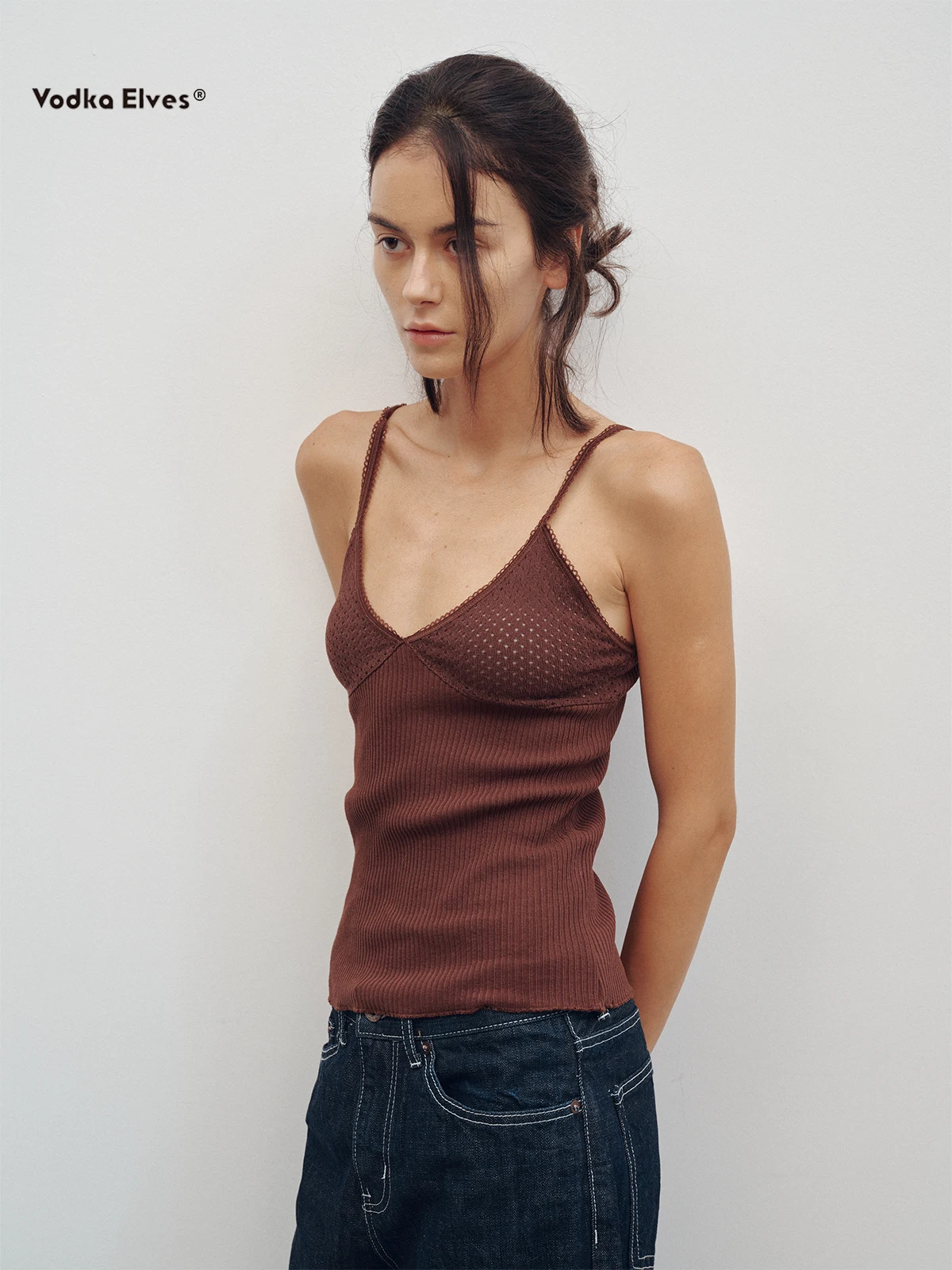 

V-Ne вязаный приталенный жилет, топ с вышивкой на бретельках, женский повседневный хлопковый вязаный жилет, внутренняя одежда