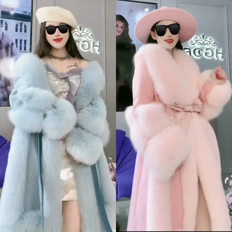 2023 Winter New Women Big Fur Collar Parkas Long Sleeve Mink Fur Fox Outwear Prevent Fur Overcoat Belt Slim Faux Fur Coat