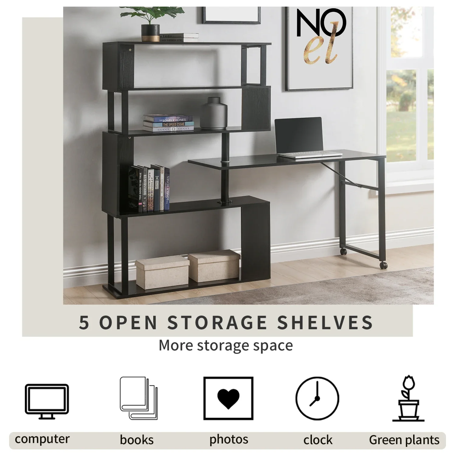 Home Office Computer Desk L-Shaped Corner Table, Rotating Computer Table with 5-Tier Bookshelf, Four Installation Methods, Locka