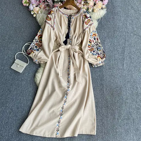 Bodycon Dress O Neck Embroidery Puff Sleeve Autumn A-line Vestidos De Mujer High Waist Lace-up Dresses Ethnic Style Dropshipping