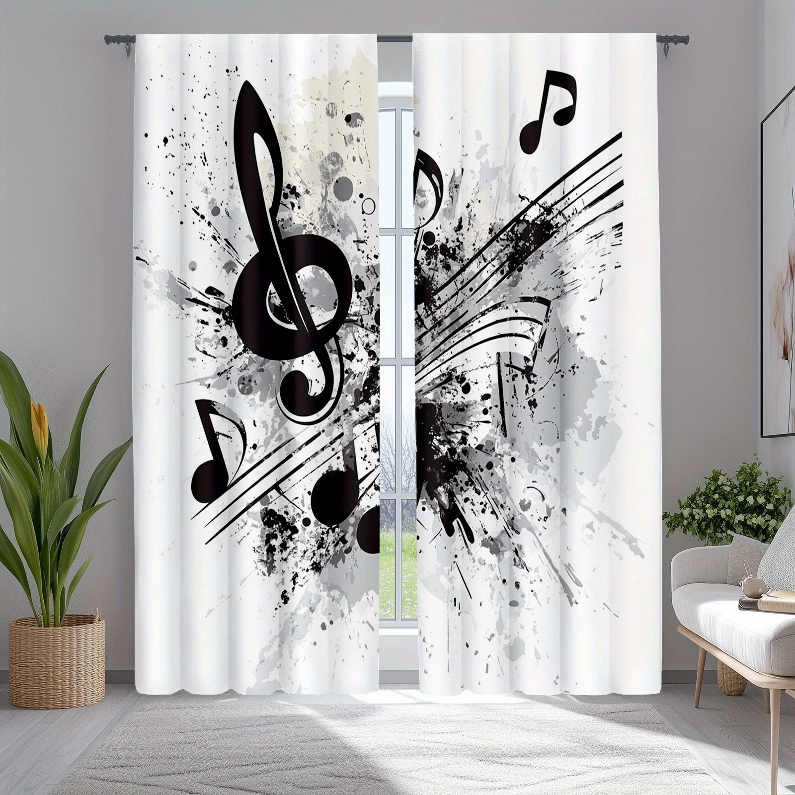 Modern Music Note Curtains, Black White Abstract Melody Drapes, Artistic Window Treatment for Living Room Studio Blackout Fabric