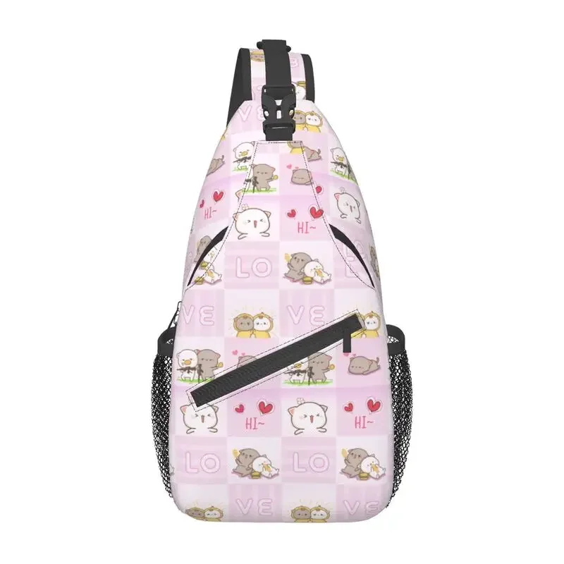 Peach And Goma Sling Crossbody Backpack Men Custom Cartoon Mochi Cat Chest Shoulder Bag for Cycling Camping Daypack