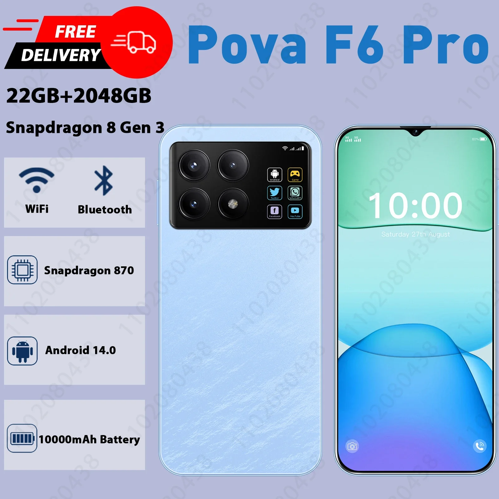 Original Pova F6 Pro Smartphone 5G 7.3inch Android 14 22G+2T Snapdragon 8 Gen3 Dual SIM Phone 8000mAh Unlocking Mobile Phone NFC