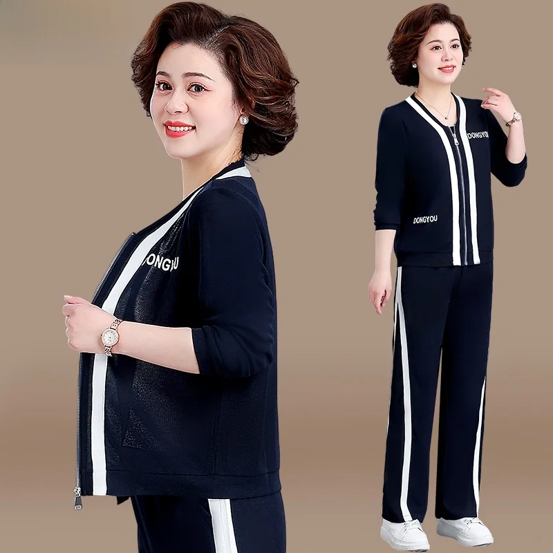

Casual Baseball Sle Two-Piece Set Faionable Sportswear for Middle-Aged Mothers Autumn Spring Outerwear Polyester Fiber