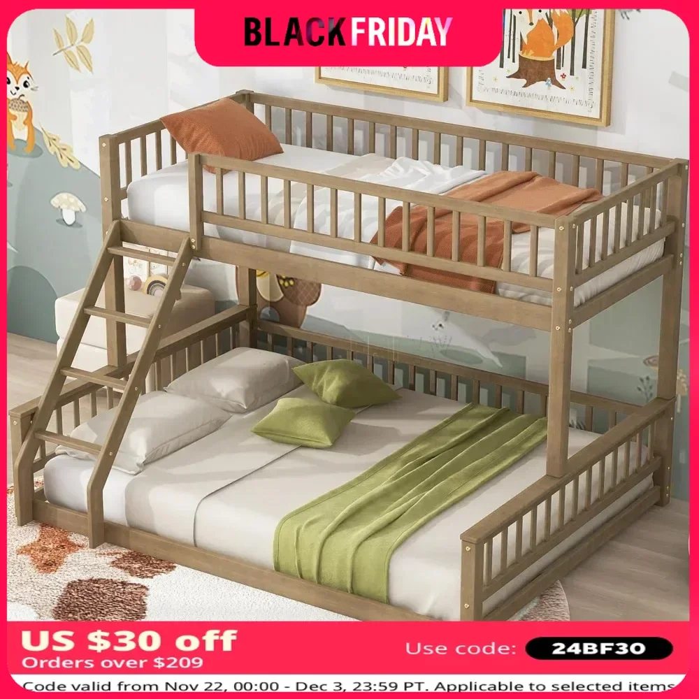 Twin XL Over Queen Wood Bunk Bed with Ladder, Detachable Floor Bunk Bed Frame with Guardrails，No Box Spring Needed，Wood Bunk Bed