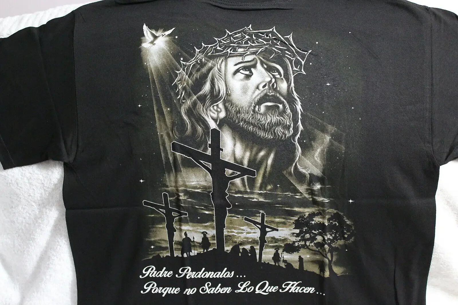 JESUS WITH CROWN OF THORNS CROSS DOVE PADRE PERDONALOS BLACK T-SHIRT Men's 100% Cotton Casual T-shirts Loose Top Size S-3XL