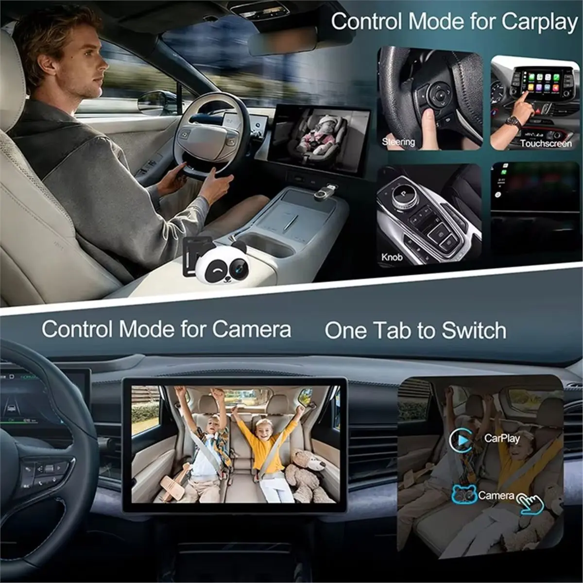 “QUALITY EXCELLE“Wireless CarPlay Adapter 1080P Rear Seat Camera 150° Wide Angle Night Vision AI Monitor for Kids Pets